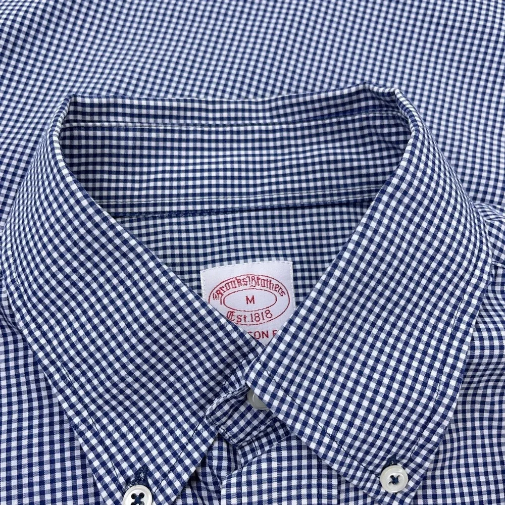 Brooks Brothers Shirt Men Medium Blue Button Up Madison Check Plaid Poplin - Picture 6 of 12